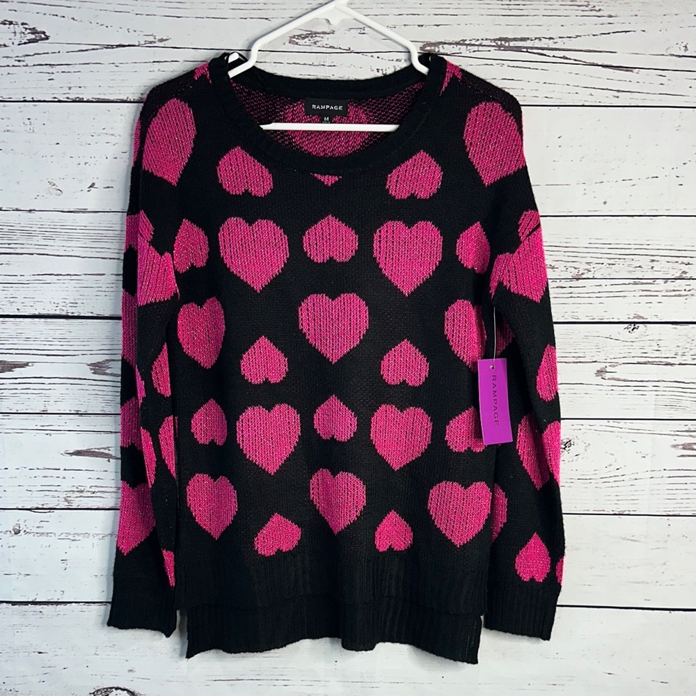 Rampage Black Sweater with Pink Heart Pattern